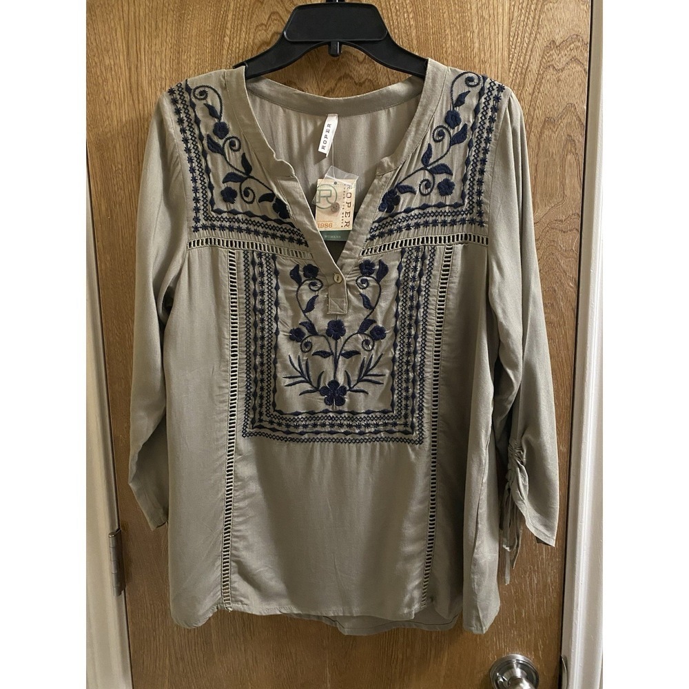 NWT Roper Women's Long Scrunch Sleeve Challis Peasant Blouse Embroidery Floral S